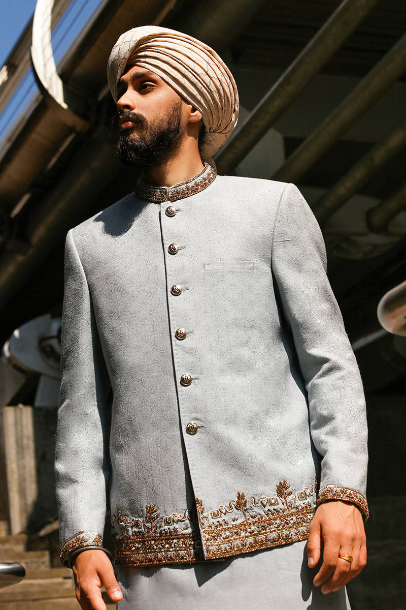 Mohsin Naveed Ranjha Ice Blue Prince Coat (GBL-327)