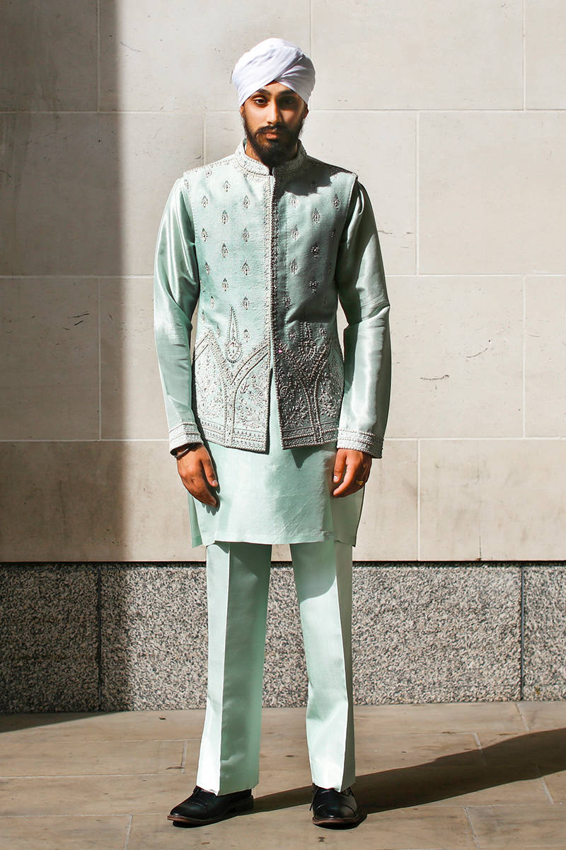 Mohsin Naveed Ranjha Ice Blue Waistcoat Suit (GBL-325)