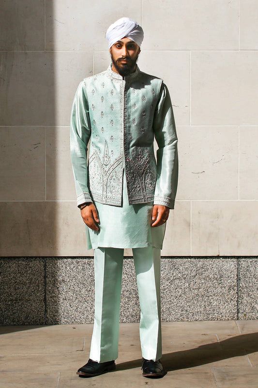 Mohsin Naveed Ranjha Ice Blue Waistcoat Suit (GBL-325)