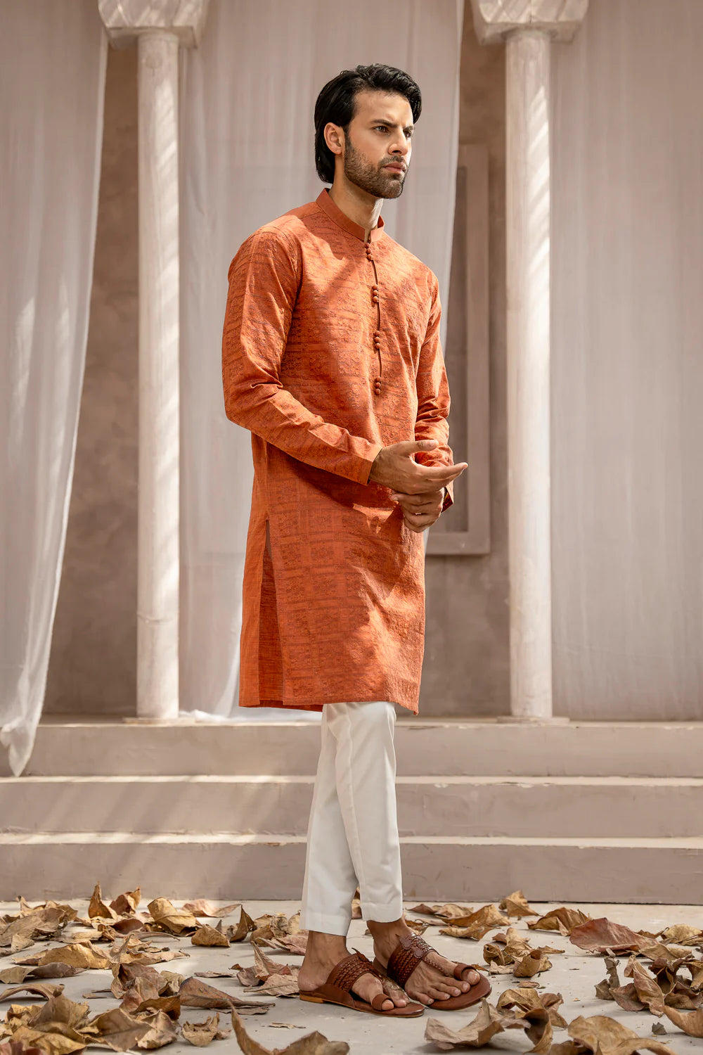 Shahid Afridi Burnt Orange Schiffli Kurta Pyjama