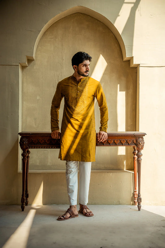 Shahid Afridi Yellow Embroidered Kurta Pyjama