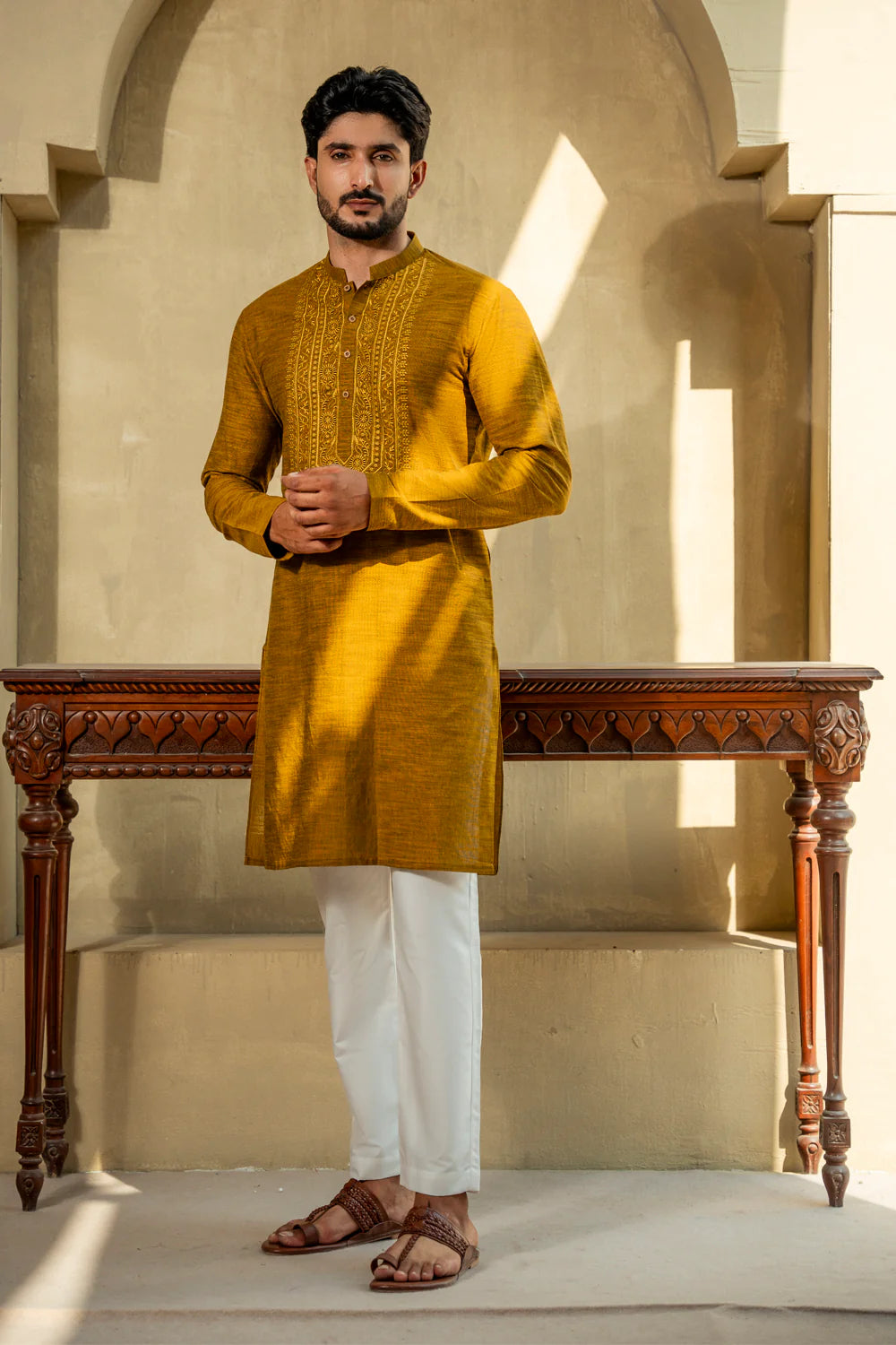 Shahid Afridi Yellow Embroidered Kurta Pyjama