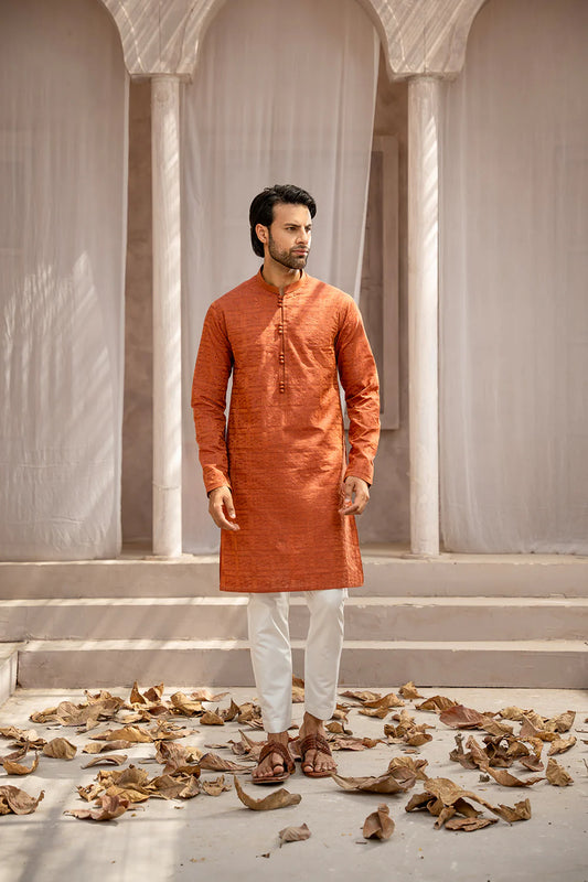 Shahid Afridi Burnt Orange Schiffli Kurta Pyjama