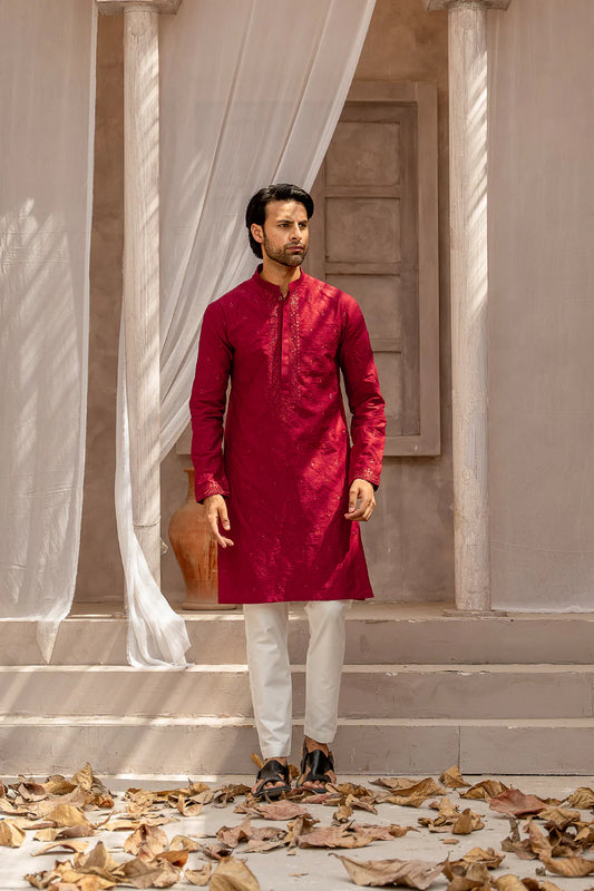 Shahid Afridi Red Embroidered Kurta Pyjama