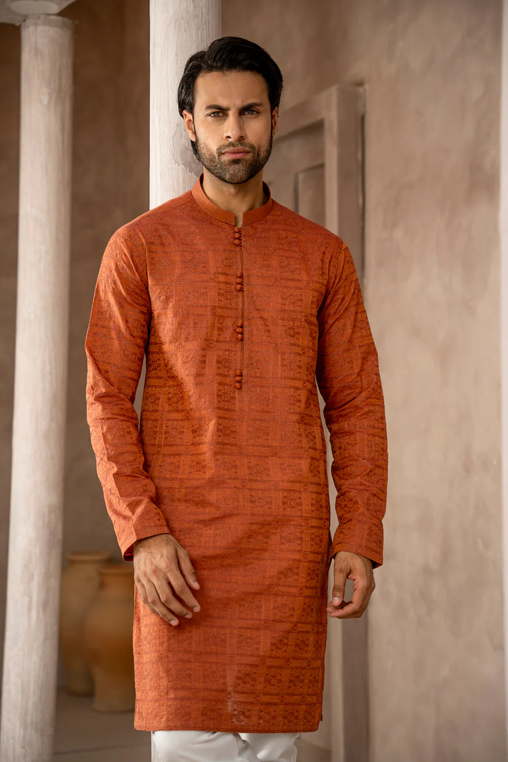 Shahid Afridi Burnt Orange Schiffli Kurta Pyjama