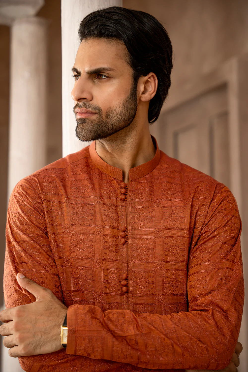 Shahid Afridi Burnt Orange Schiffli Kurta Pyjama