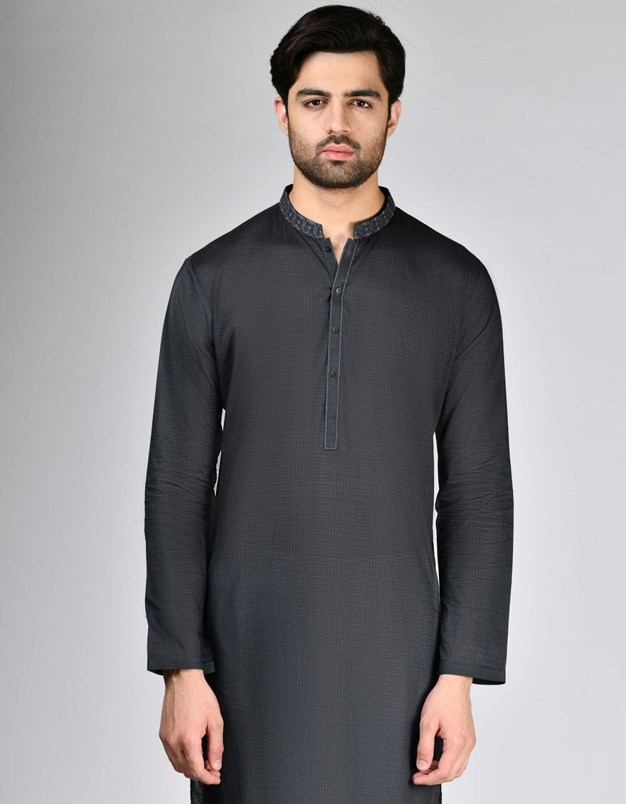 Charcoal Embroidered Cotton Kurta