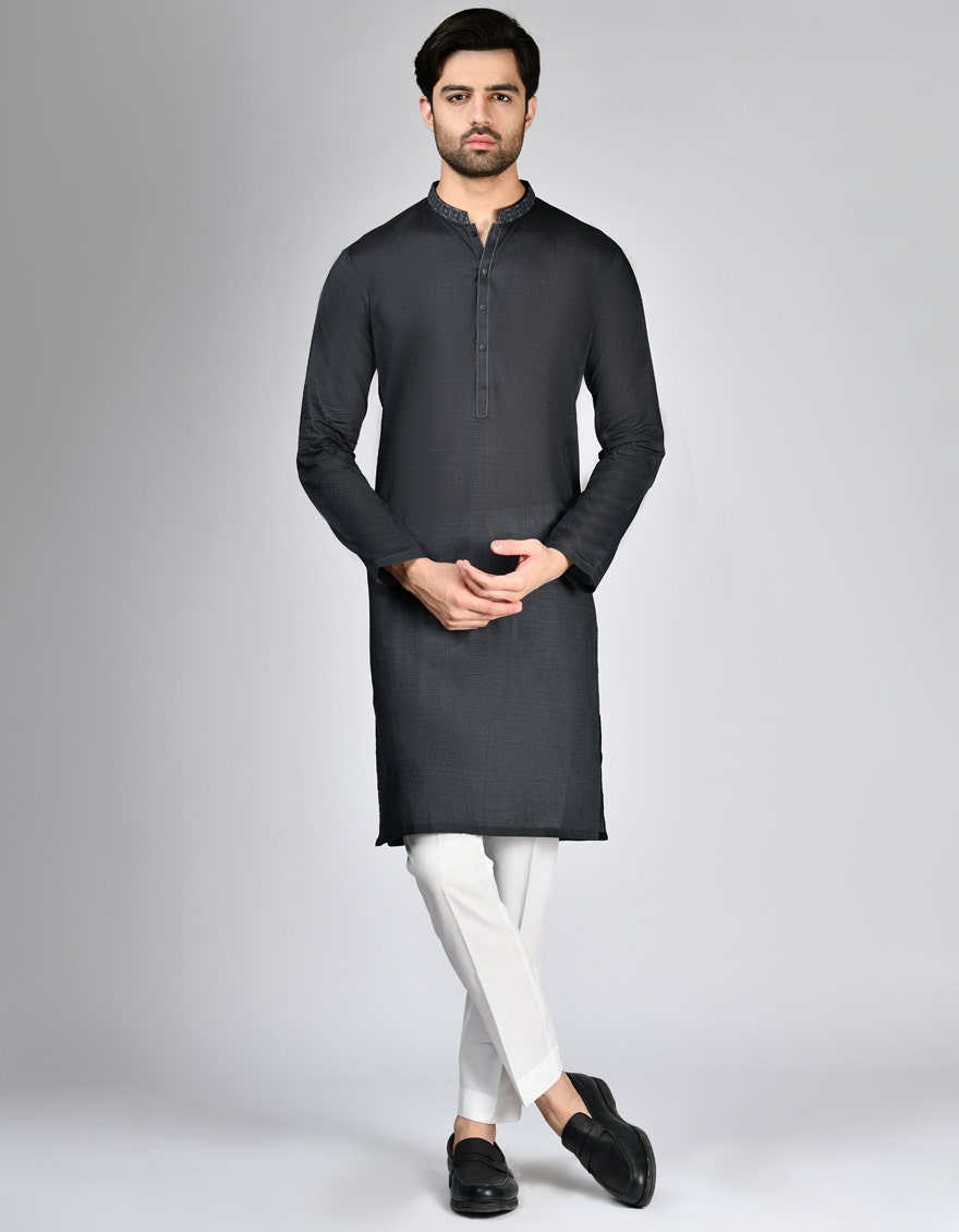 Charcoal Embroidered Cotton Kurta