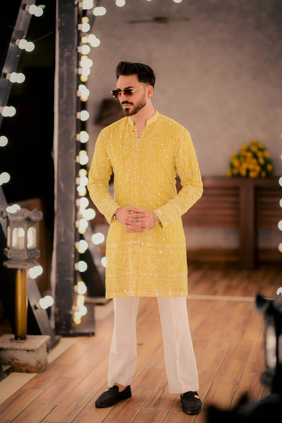 Humayun Alamgir Yellow Sequence Kurta Pyjama