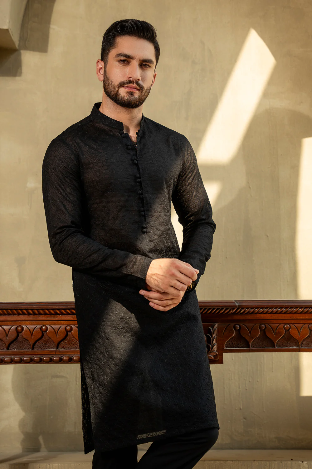 Shahid Afridi Coal Black Schiffli Kurta Pyjama