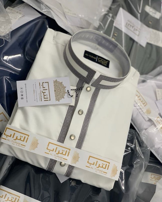 Al Turab Grey On White Thobe S1007