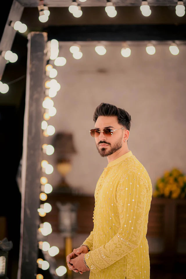 Humayun Alamgir Yellow Sequence Kurta Pyjama