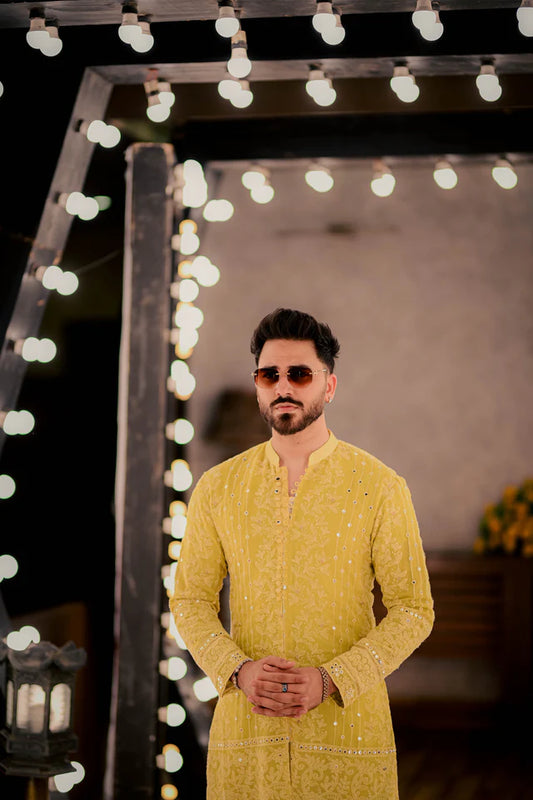 Humayun Alamgir Yellow Sequence Kurta Pyjama