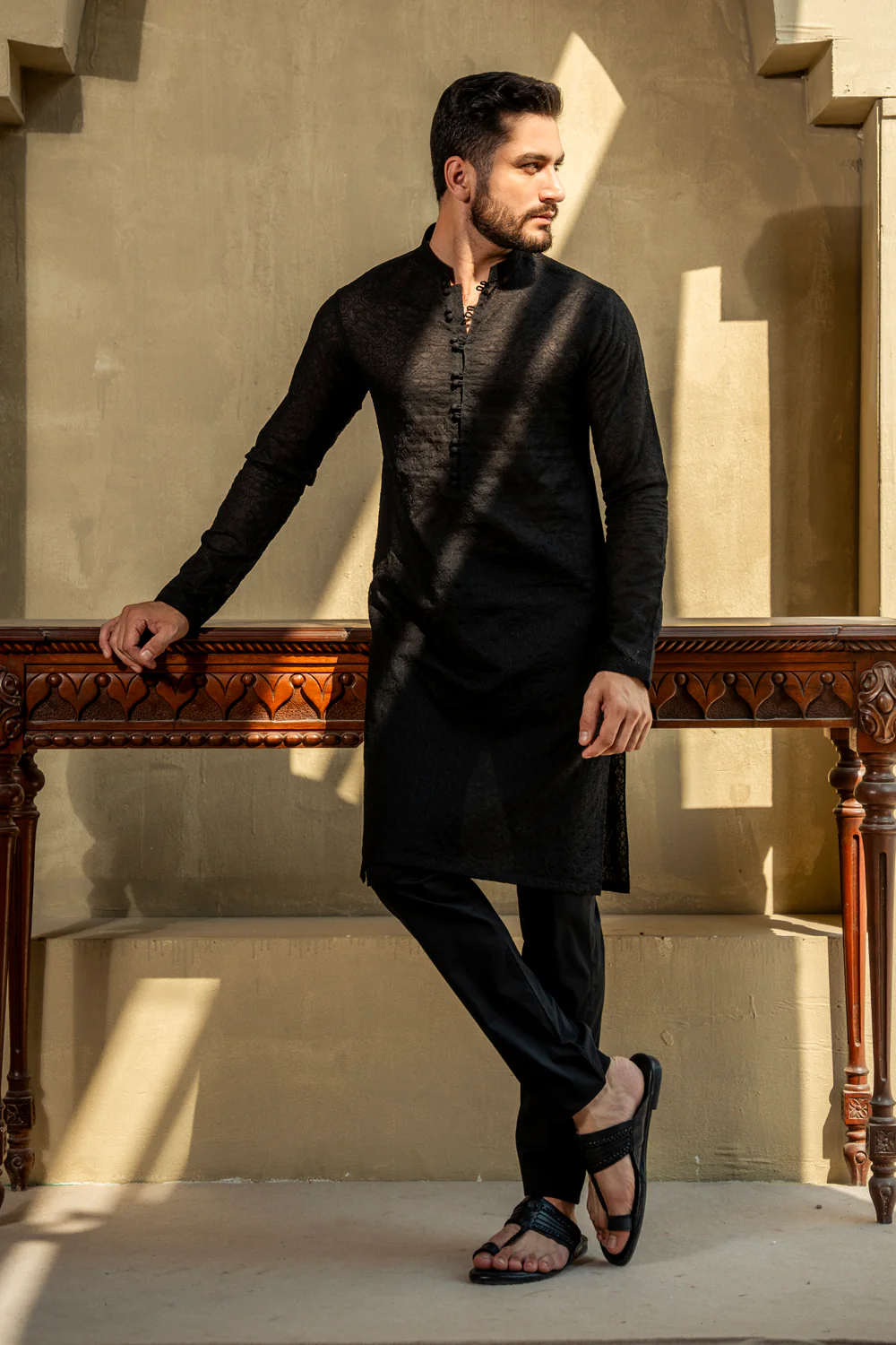 Shahid Afridi Coal Black Schiffli Kurta Pyjama