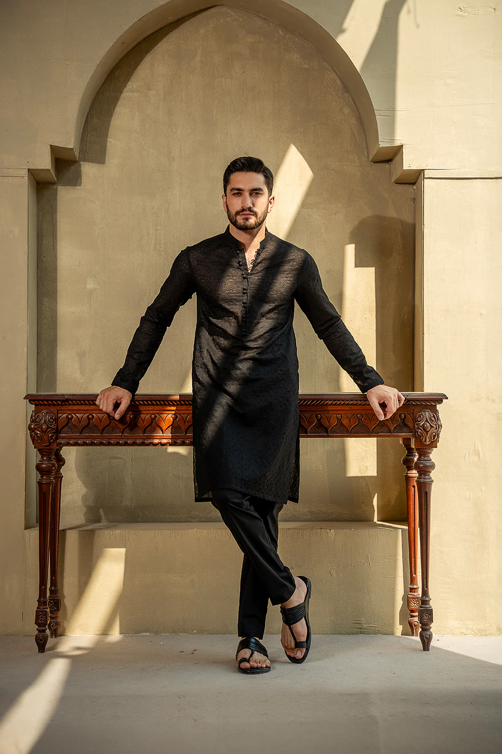 Shahid Afridi Coal Black Schiffli Kurta Pyjama