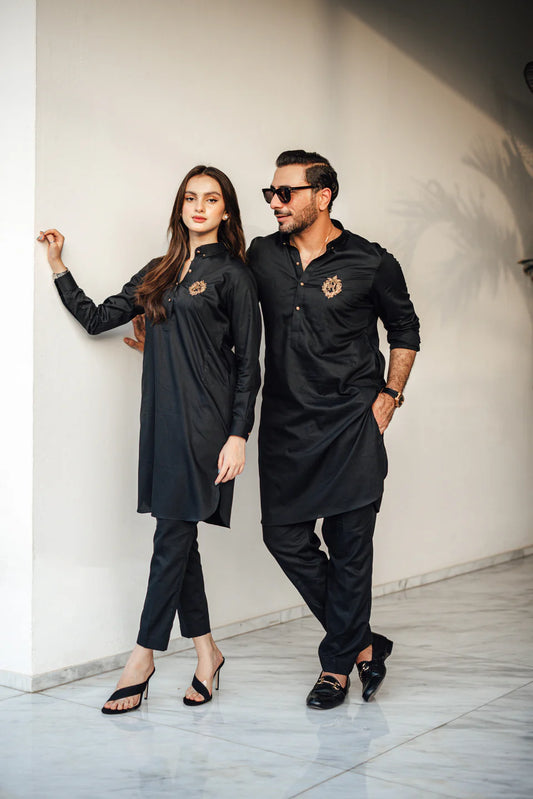 Humayun Alamgir Black Cotton Silk Kurta Pyjama