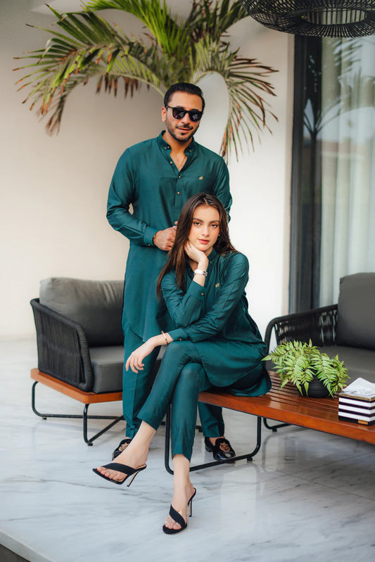 Humayun Alamgir Teal Green Cotton Silk Kurta Pyjama