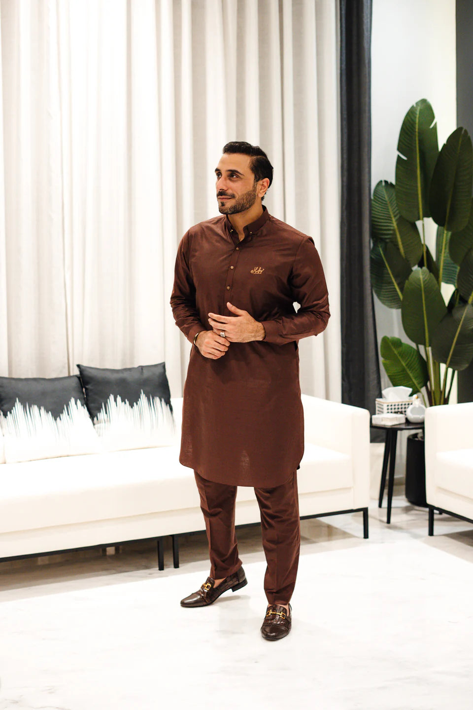 Humayun Alamgir Brown Cotton Silk Kurta Pyjama