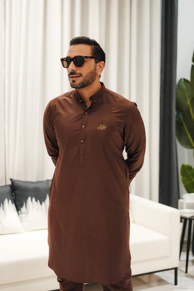 Humayun Alamgir Brown Cotton Silk Kurta Pyjama