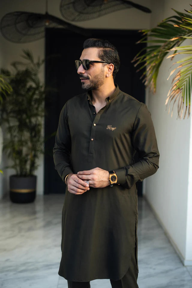 Humayun Alamgir Olive Green Wash & Wear Kurta Pyjama