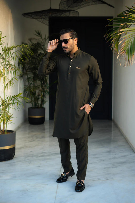 Humayun Alamgir Olive Green Wash & Wear Kurta Pyjama