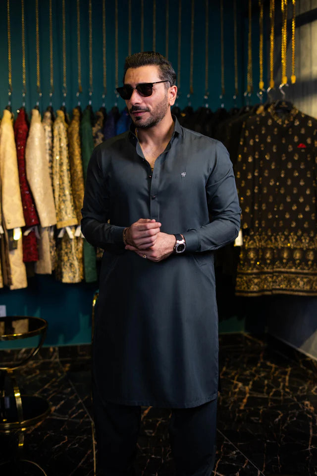 Humayun Alamgir Grey Boski Wash & Wear Kurta Shalwar