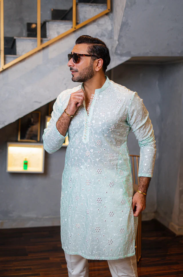 Humayun Alamgir Mint Green Embossed Mirror Work Kurta Pyjama