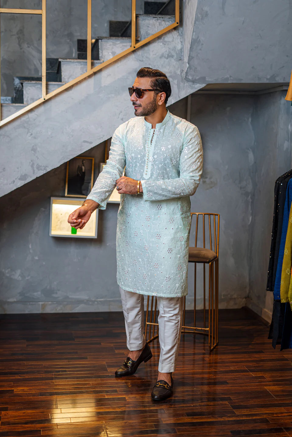 Humayun Alamgir Mint Green Embossed Mirror Work Kurta Pyjama