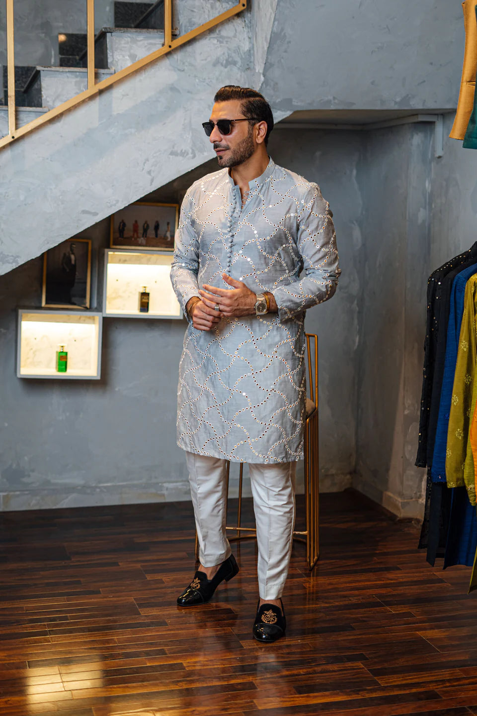 Humayun Alamgir Embossed Mirror Design Kurta Pyjama