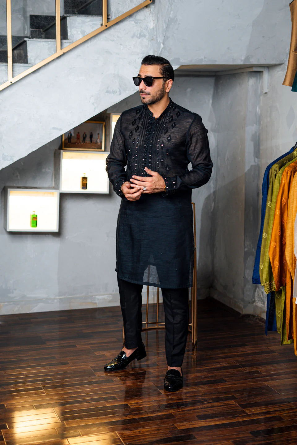 Humayun Alamgir Embossed Mirror Work Kurta Pyjama