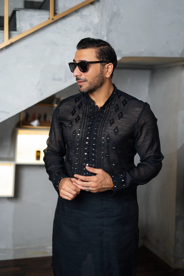 Humayun Alamgir Embossed Mirror Work Kurta Pyjama