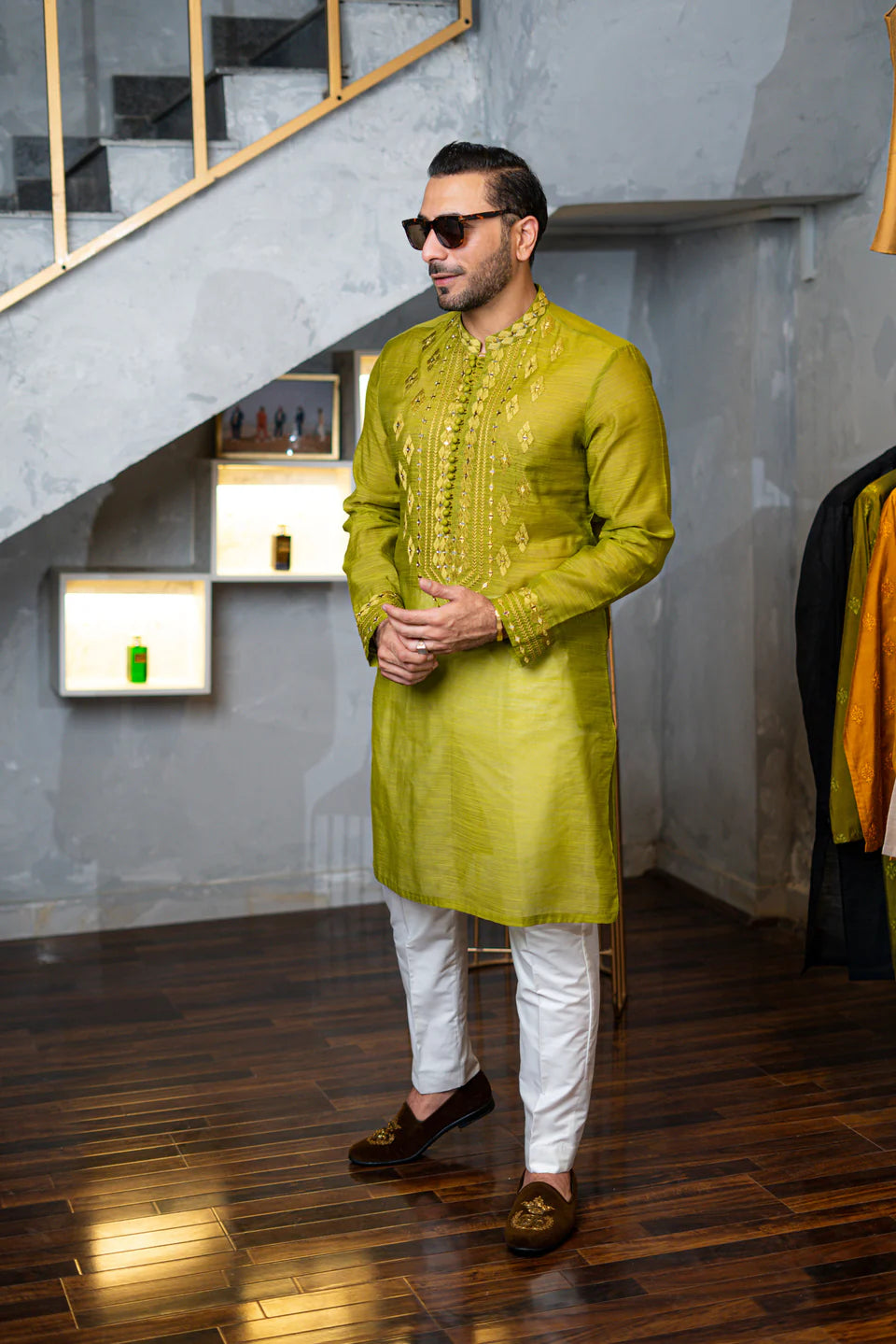 Humayun Alamgir Palette Green Embossed Mirror Work Kurta Pyjama