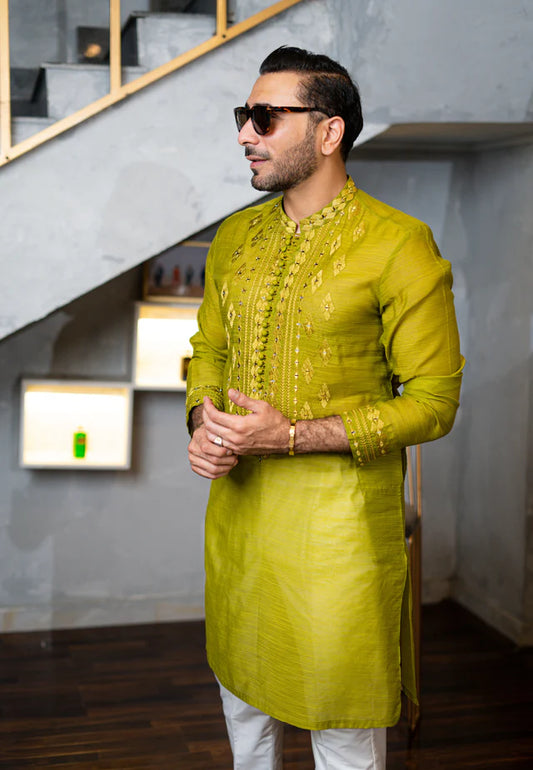 Humayun Alamgir Palette Green Embossed Mirror Work Kurta Pyjama