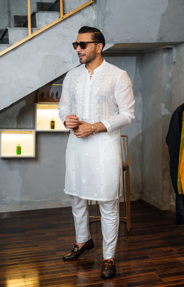 Humayun Alamgir Embossed Mirror Work Kurta Pyjama