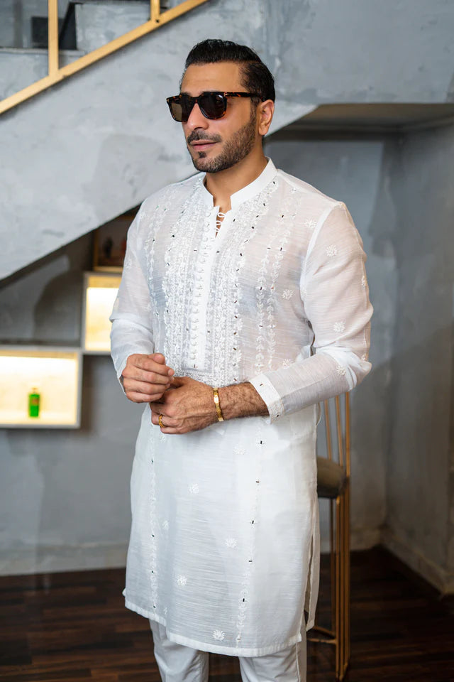 Humayun Alamgir Embossed Mirror Work Kurta Pyjama