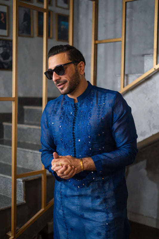 Humayun Alamgir Blue Embossed Mirror Work Kurta Pyjama