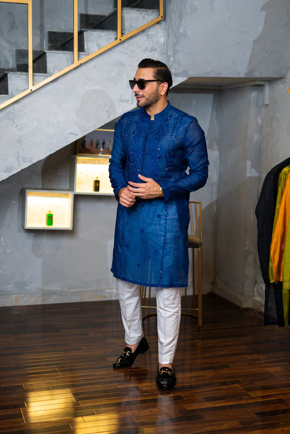 Humayun Alamgir Blue Embossed Mirror Work Kurta Pyjama