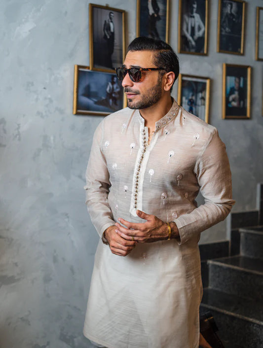 Humayun Alamgir Ivory Embossed Mirror Work Kurta Pyjama