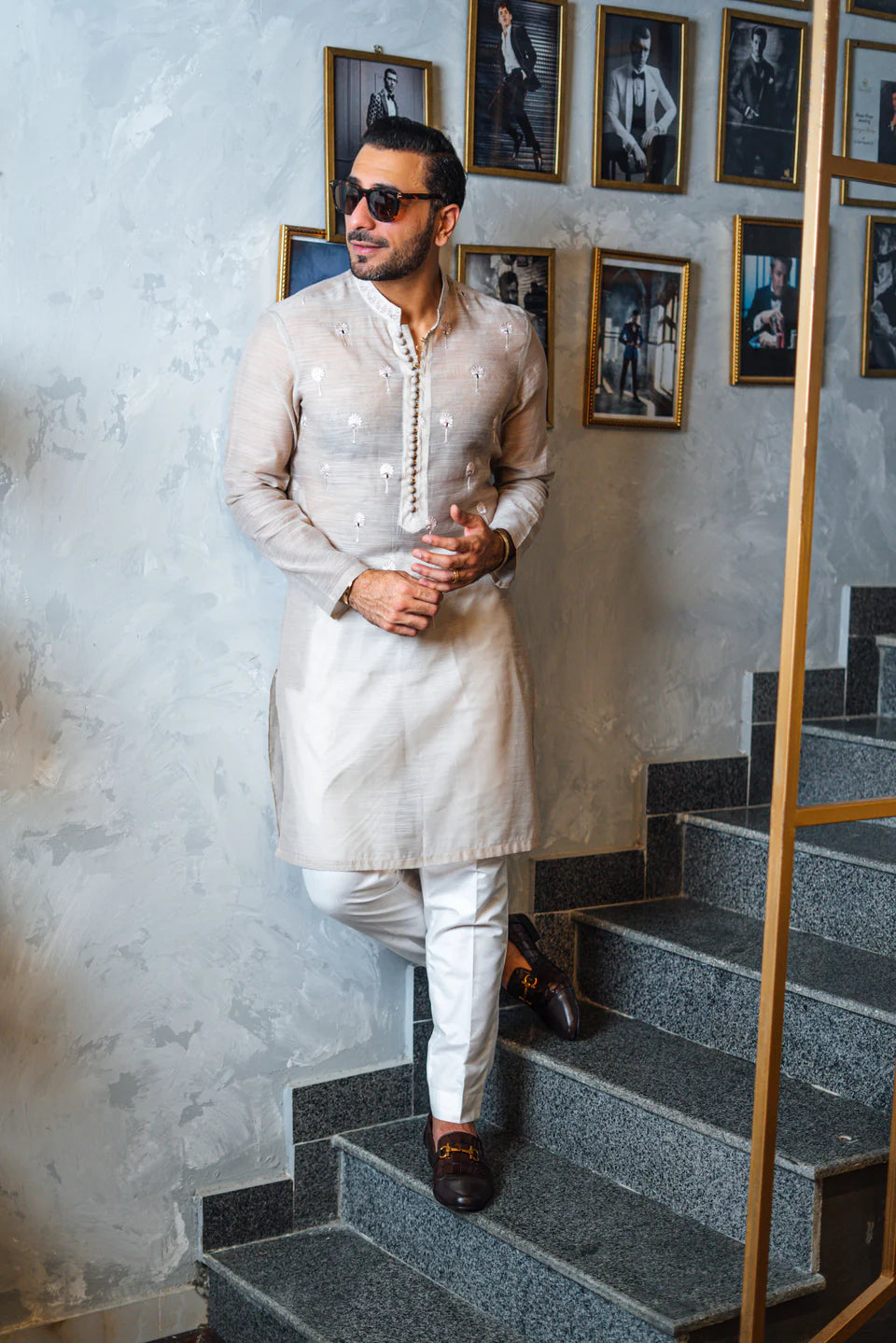 Humayun Alamgir Ivory Embossed Mirror Work Kurta Pyjama