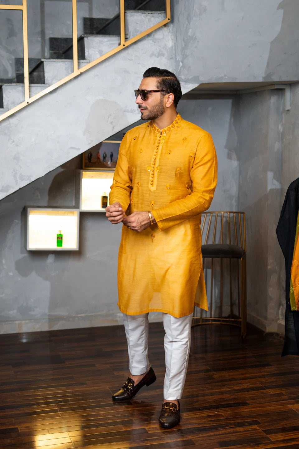 Humayun Alamgir Mustard Embossed Kurta Pyjama