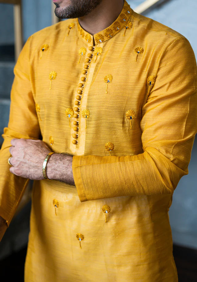 Humayun Alamgir Mustard Embossed Kurta Pyjama