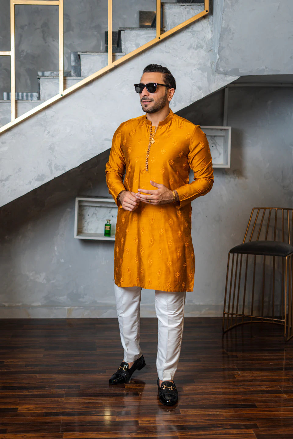 Humayun Alamgir Mustard Embossed Booti Kurta Pyjama