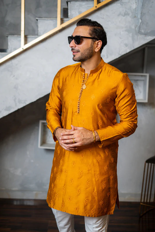 Humayun Alamgir Mustard Embossed Booti Kurta Pyjama