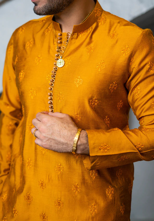 Humayun Alamgir Mustard Embossed Booti Kurta Pyjama