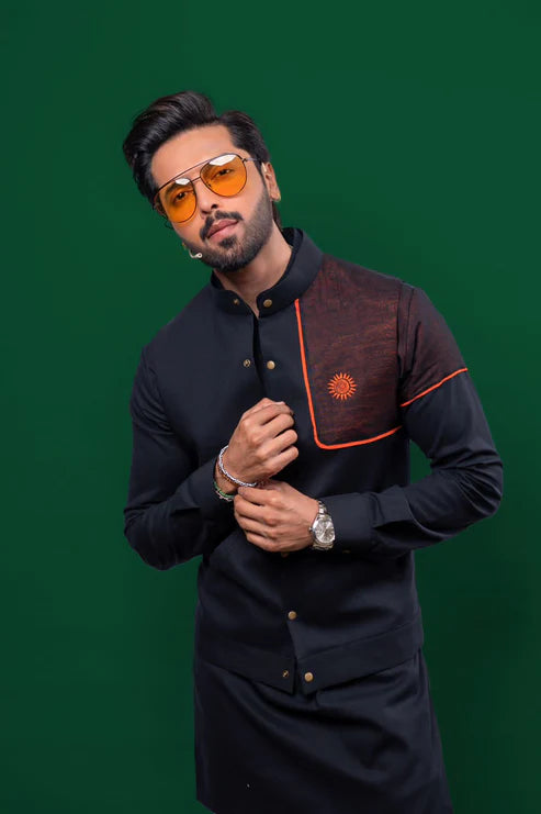 Snug Black Linen Kurta Trouser & Waistcoat