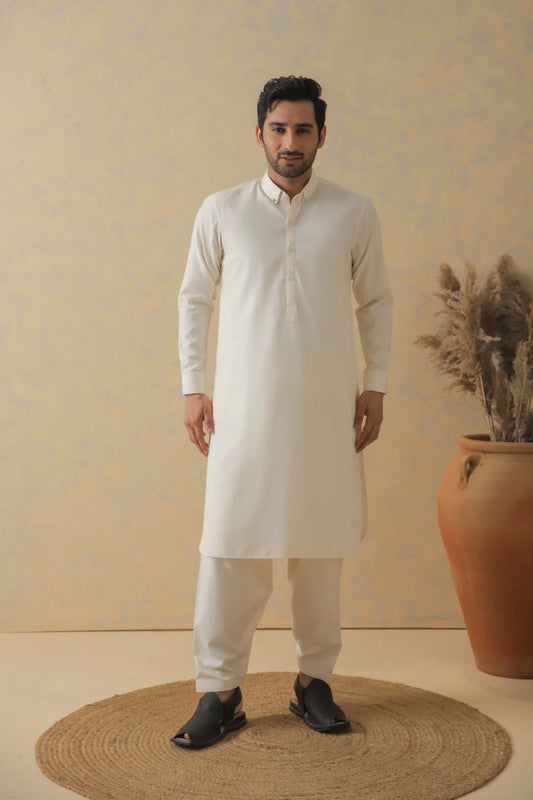 Shahid Afridi Cream Self Textured Kameez Shalwar