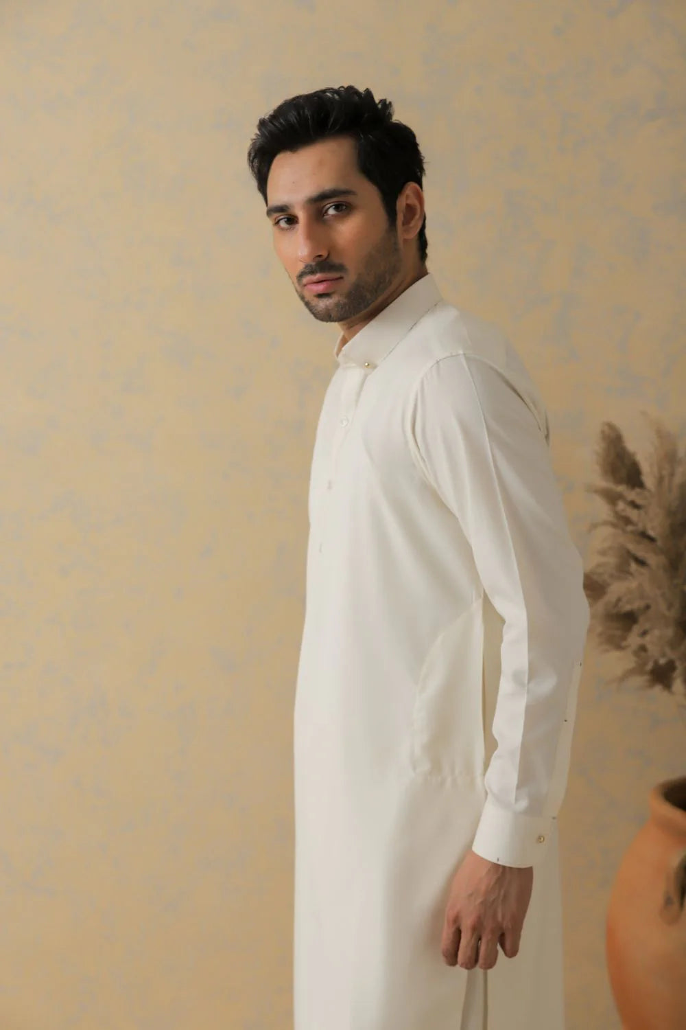 Shahid Afridi Cream Self Textured Kameez Shalwar