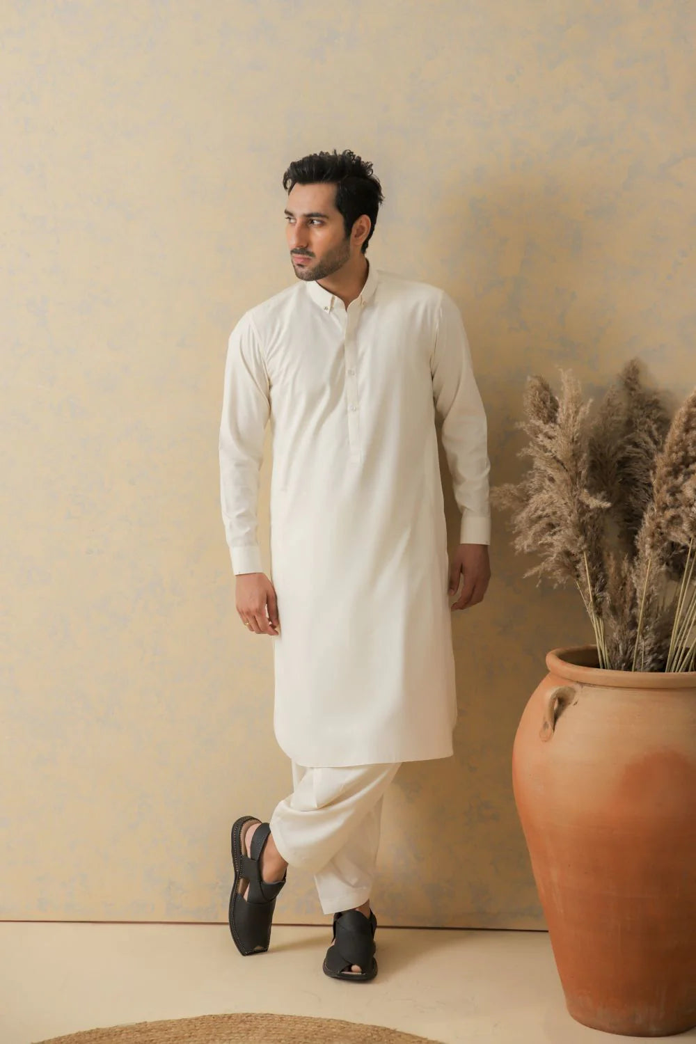 Shahid Afridi Cream Self Textured Kameez Shalwar