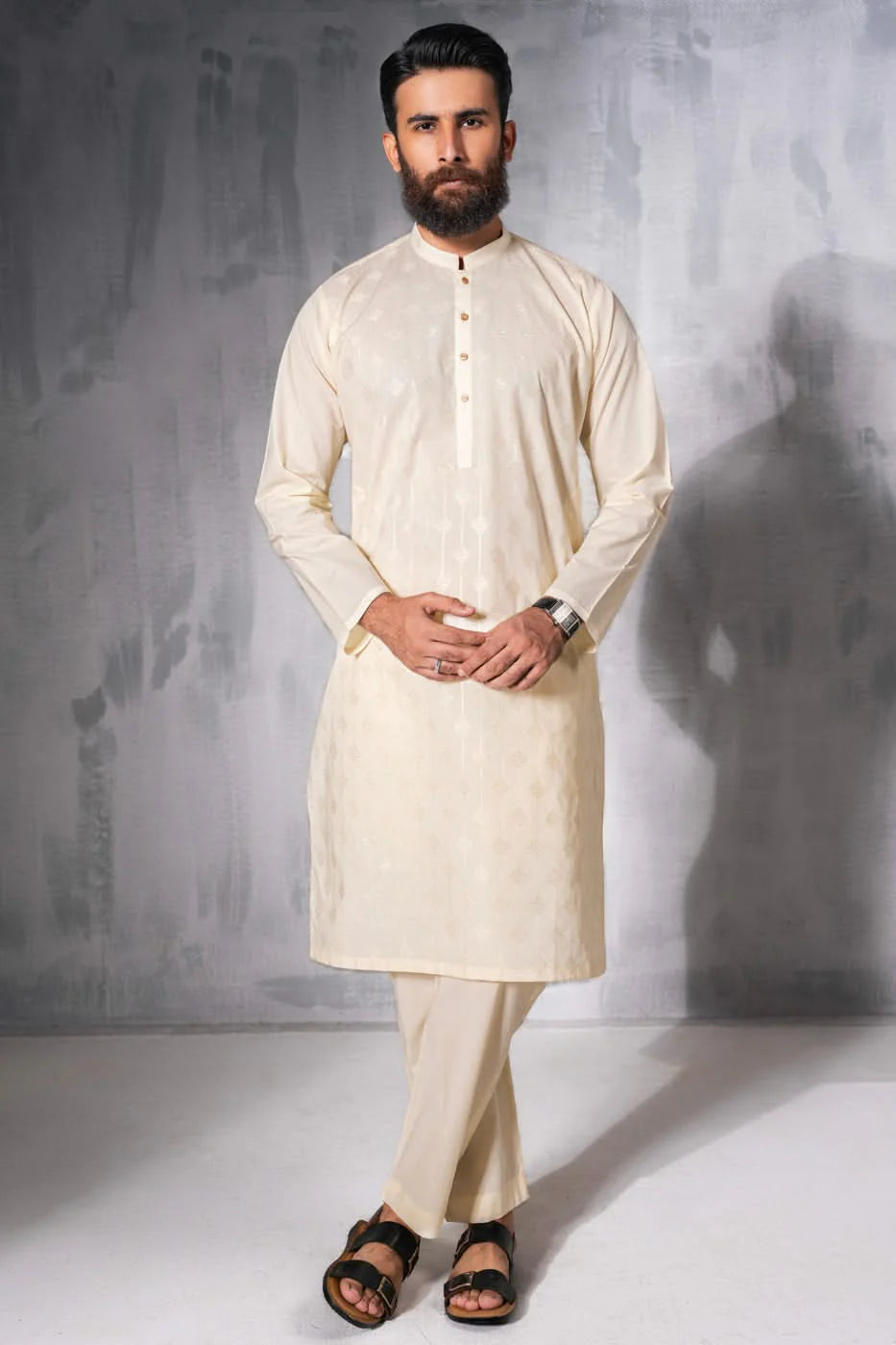 Cream Embroidered Cotton Kurta Pyjama