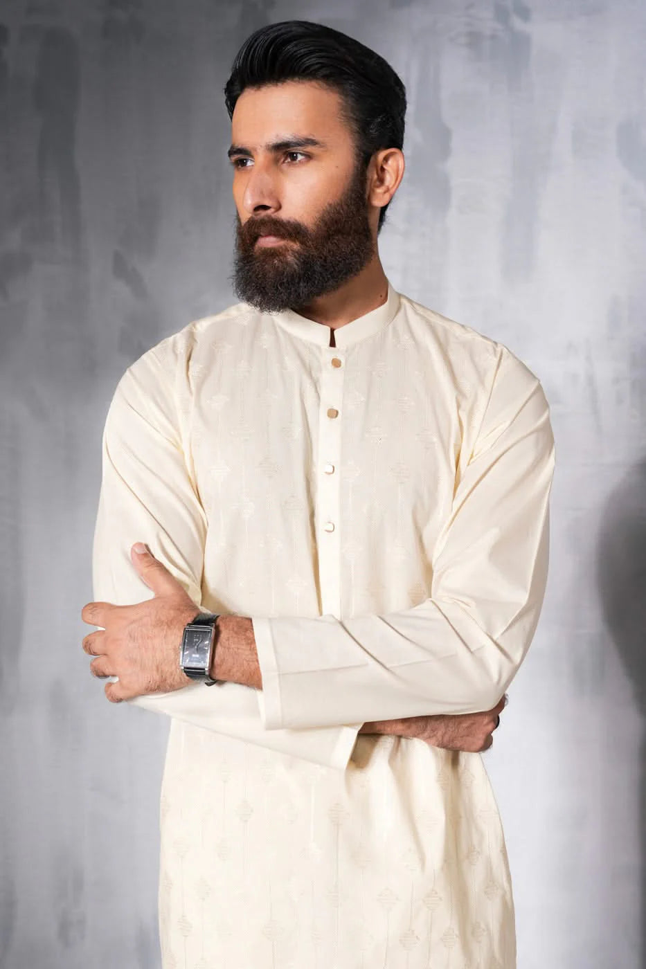 Cream Embroidered Cotton Kurta Pyjama